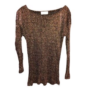 VTG 80s Claudine Bueche Gold Black Boat Neck Stretch Top New Year Shiny Classic